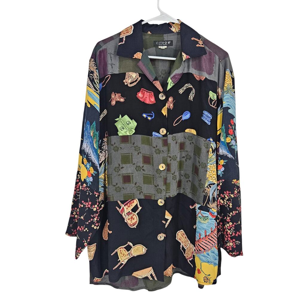 Citron Shirt Black Art to Wear Button Down Long Sleeve Oversized Tunic Size S